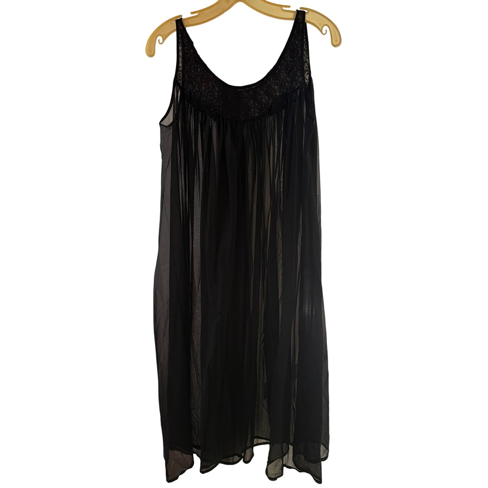 Vintage Peignoir Set Black 1960s Nylon Tricot Lace Pearl Nightgown Robe M - Picture 7 of 9